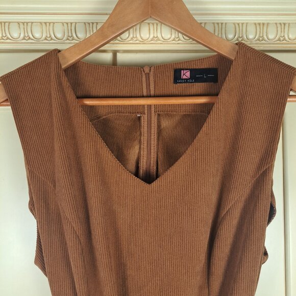 Kancy Kole Brown Corduroy Bib Overall Belted Midi Dress Size Lg - Picture 5 of 10